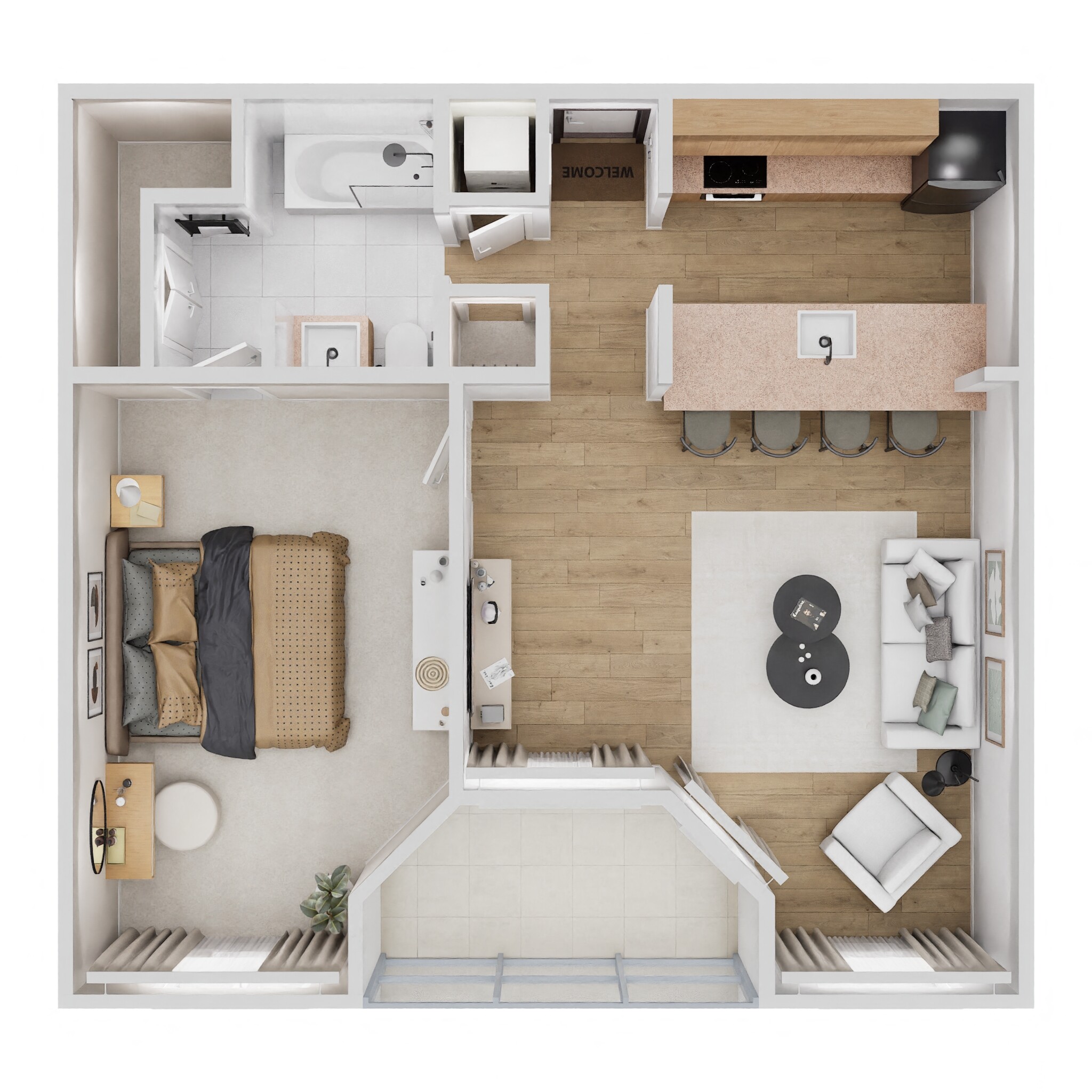Floor plan for 1 bed, 1 bath, 691 sqft